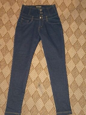 like an angel Dark Blue High-Waist Skinny Jeans with Triple Button